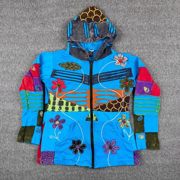 Rising International Jacket Women’s S Blue Floral Patchwork Boho Zip Hoodie‎ - Picture 1 of 6
